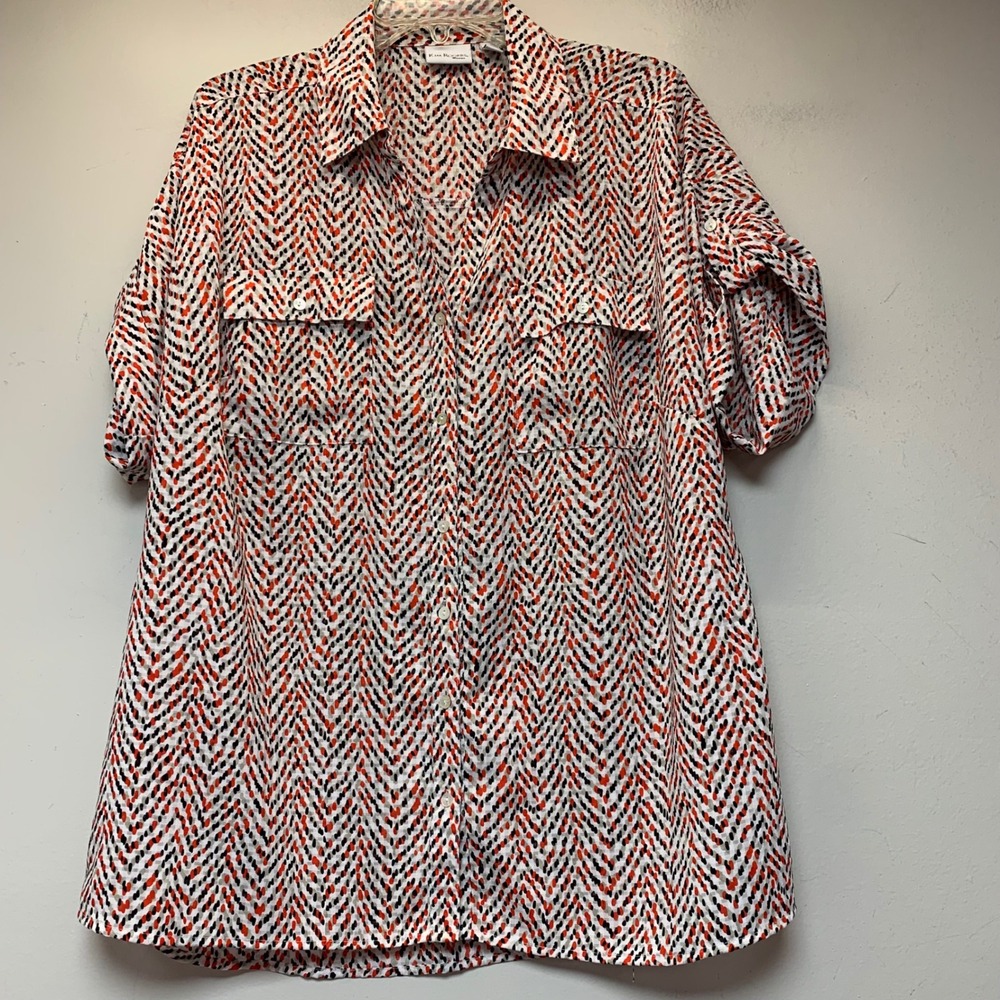 Kim Rogers Button Down Blouse Woman 1X White Orange Dot Print Roll Tab Excellent